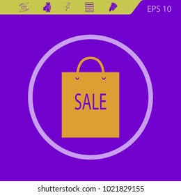shopping bag with 
inscription "sale"  vector icon on a violet background . Flat design style.