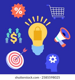 Shopping bag inside light bulb surrounded by marketing and sales icons representing successful business idea