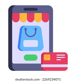 Bolsa de compras dentro del móvil, concepto de icono plano de ecommerce 