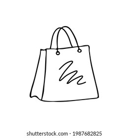 Bolsa de compras aislada en el fondo. Ilustración vectorial en blanco y negro en el estilo de contorno de la mano. Icono de bolsas de compras Doodle