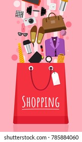 Shopping bag and item fashion gadget clothier. Illustrator vector set.