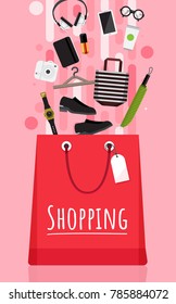 Shopping bag and item fashion gadget clothier. Illustrator vector set.