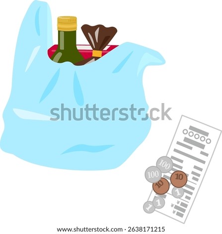 A shopping bag with items in it, a receipt and coins
