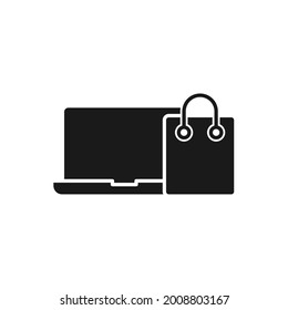 Bolsa de compras con icono de portátil Diseño de vectores. Icono de la bolsa de compras con concepto de diseño de laptops para comercio electrónico, tienda en línea y sitio web de mercado, logo, símbolo, botón, signo, interfaz de usuario de la aplicación