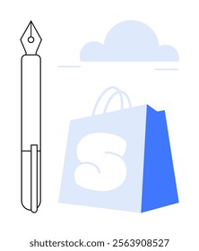 A shopping bag with a large S accompanied by a pen and a cloud in the background. Ideal for retail, ecommerce, stationery, shopping, and cloud computing logos. Clean vector style