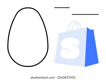 Shopping bag with a large S on it, paired with an egg outline and minimal lines. Ideal for shopping, retail, minimalism, branding, and simplicity. Clean, modern style