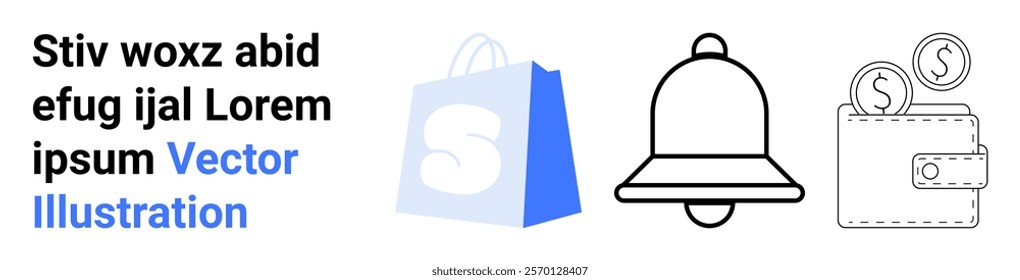 Shopping bag with letter S, notification bell, wallet with coins. Ideal for online shopping, notifications, finance management, digital payments, marketing campaigns. Landing page