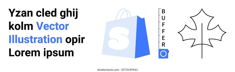 Shopping bag with letter S, stylized text, Buffer icon and leaf outline. Ideal for e-commerce, branding, digital marketing, online stores, and web design. Landing page