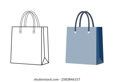 Shopping bag line art, silhouette and color vector illustration.