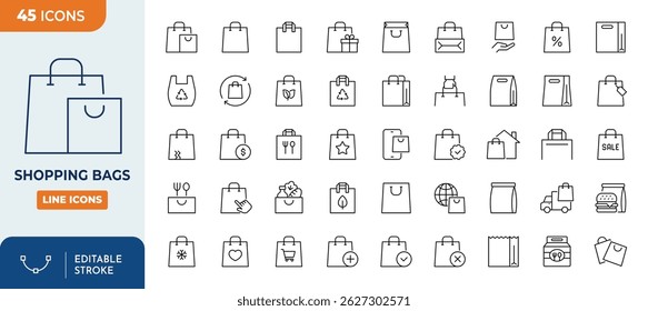 Shopping bag line editable icon set. Containing Shopper, paper, plastic bag, eco packaging, gift and more. Editable stroke. Vector illustration