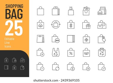 Conjunto de iconos editables de la línea del bolso de compras. Ilustración vectorial en estilo de línea delgada moderna de diferentes tipos de bolsas de compras: papel, plástico, algodón, shopper, bolsa de regalo, y más. Pictogramas e infografía