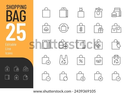 Shopping Bag Line Editable Icons set. Vector illustration in modern thin line style of different types of shopping bags: paper, plastic, cotton, shopper, gift bag, and more. Pictograms and infographic