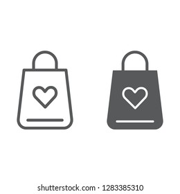 Shopping bag line and glyph icon, love and gift, package with heart sign, vector graphics, a linear pattern on a white background, eps 10.