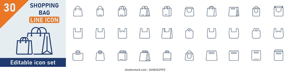Shopping bag line icon set. Set of 30 outline icons related to shopping bag, plastic bag, paper, tote bag, shopping and others. Editable stroke. Vector illustration.