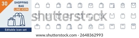 Shopping bag line icon set. Set of 30 outline icons related to shopping bag, plastic bag, paper, tote bag, shopping and others. Editable stroke. Vector illustration.