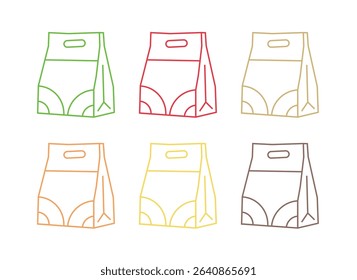 Shopping bag line icons. food delivery and sale offer bag set. Fashion paper package, buy fresh salad and shopping mall bags icons. fast food delivery, shop discounts. Vector