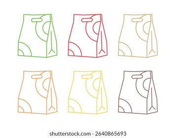 Shopping bag line icons. food delivery and sale offer bag set. Fashion paper package, buy fresh salad and shopping mall bags icons. fast food delivery, shop discounts. Vector
