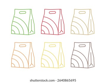 Shopping bag line icons. food delivery and sale offer bag set. Fashion paper package, buy fresh salad and shopping mall bags icons. fast food delivery, shop discounts. Vector