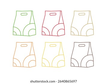 Shopping bag line icons. food delivery and sale offer bag set. Fashion paper package, buy fresh salad and shopping mall bags icons. fast food delivery, shop discounts. Vector