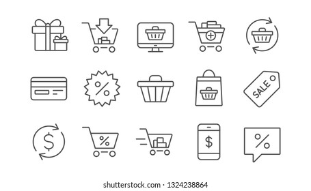 Shopping bag line icons. Gift, Present and Sale discount. Delivery linear icon set.  Vector