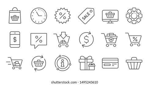 Shopping bag line icons. Gift, Present and Sale discount. Delivery linear icon set. Quality line set. Vector