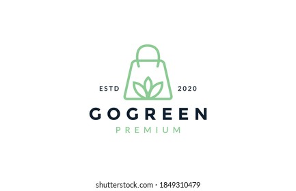 shopping bag line with leaf go green logo icon vector design 