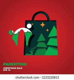 Bolsa de compras con logo para la crianza, símbolo vectorial icono ilustración de diseño gráfico, feliz edición de navidad