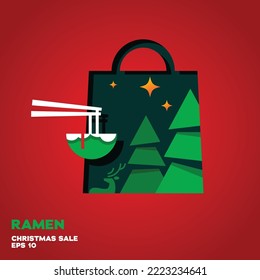 Shopping bag lined with ramen noodle logo, vector symbol icon graphic design illustration, merry christmas edition