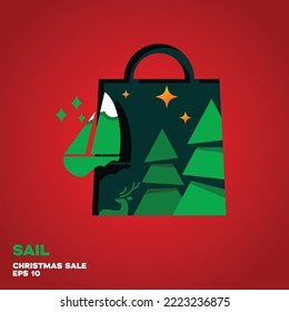 Shopping bag lined with sail logo, vector symbol icon graphic design illustration, merry christmas edition