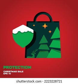 Shopping bag lined with shield logo, vector symbol icon graphic design illustration, merry christmas edition