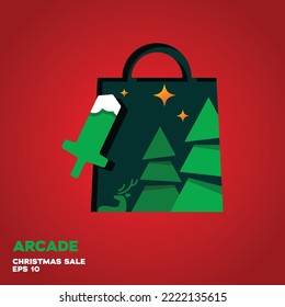 Shopping bag lined with sword logo, symbol vector icon graphic design illustration, merry christmas edition