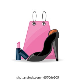 shopping bag with lipstick and high heel shoes shopping concept