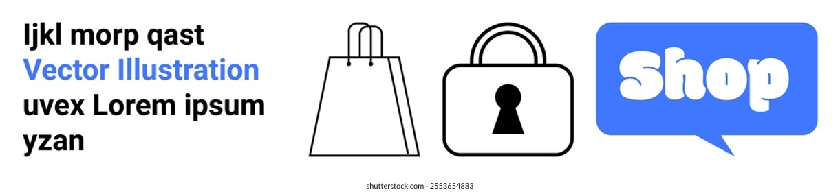 Shopping bag, lock, and speech bubble with word Shop. Ideal for online shopping, e-commerce, security, retail, consumer convenience. Landing page