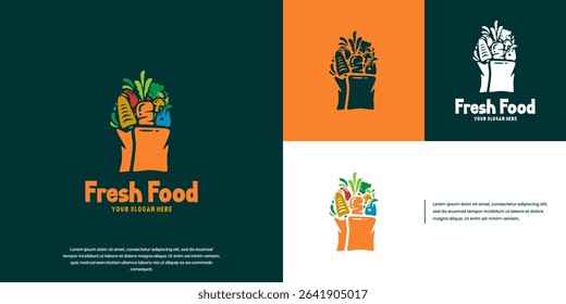 shopping bag logo with assorted groceries, healthy and fresh, food store, graphic design template.