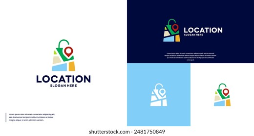 shopping bag logo with the concept of location map, direction, shopping place, logo design illustration.