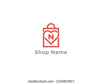 Shopping Bag Logo Concept sign icon symbol Design with Letter N. Heart and Bag Combination. Vector illustration logo template