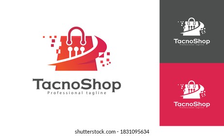 Diseño del logo de la bolsa de compras con concepto de tecnología. Se puede usar para logotipos de tiendas con temas tecnológicos. vector