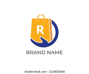 Símbolo del icono del logotipo de la bolsa de compras con la letra R. Plantilla de logotipo del vector