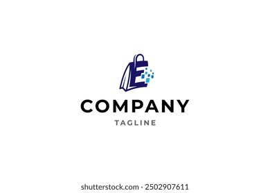 shopping bag logo with letter E pixel combination in flat vector design