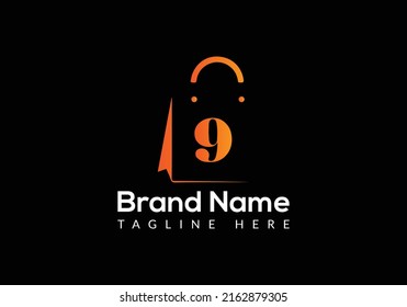 Shopping Bag Logo On Letter 9 Template. Shopping Bag On 9 Letter, Initial Shopping Bag Sign Concept Template