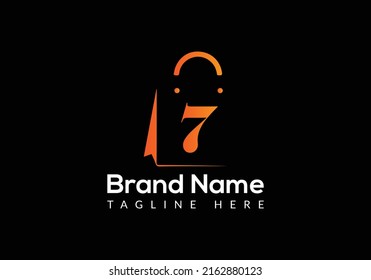 Shopping Bag Logo On Letter 7 Template. Shopping Bag On 7 Letter, Initial Shopping Bag Sign Concept Template