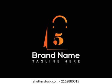 Shopping Bag Logo On Letter 5 Template. Shopping Bag On 5 Letter, Initial Shopping Bag Sign Concept Template