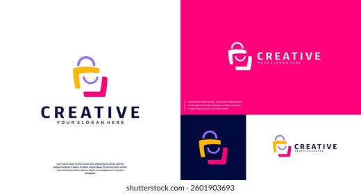 shopping bag logo with overlapping style , negative space , smart shopping , digital service  design vector template