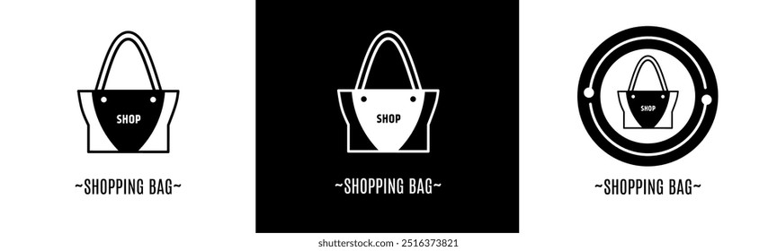Shopping bag logo set. Collection of black and white logos. Stock vector.