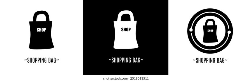 Shopping bag logo set. Collection of black and white logos. Stock vector.