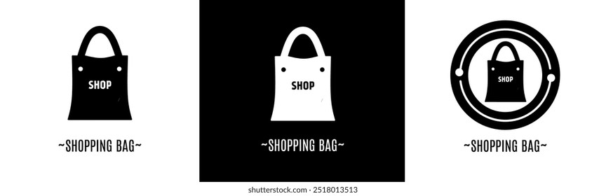 Conjunto de logotipo de saco de compras. Coleção de logotipos em preto e branco. Vetor de estoque.