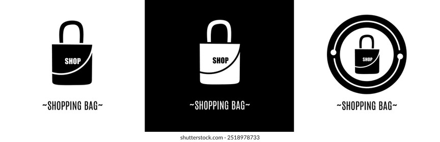 Shopping bag logo set. Collection of black and white logos. Stock vector.