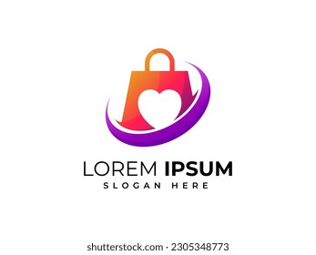 Shopping bag love logo design template with swoosh effect