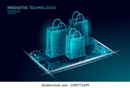 Shopping bag low poly design 3D. Online shop smartphone trade market technology. Vector illustration
