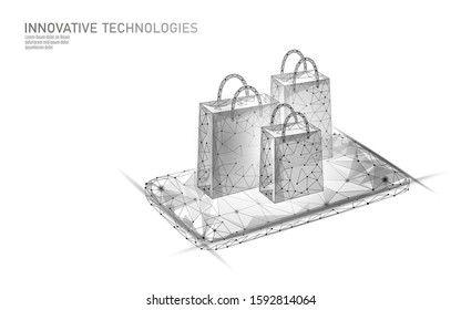 Shopping bag low poly design 3D. Online shop smartphone trade market technology. Vector illustration